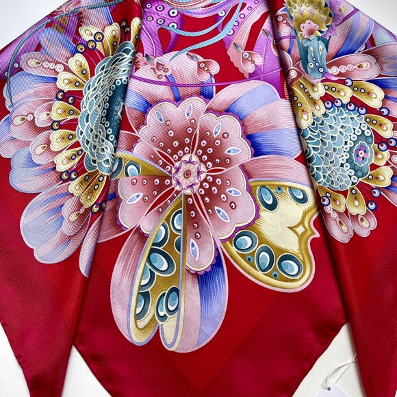 Salvatore Ferragamo Scarf Flowers Garden Purple Red Burgundy Silk Wrap
